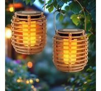 Lot de 2 mini lampes solaires aspect rotin - 11 x 10 cm - Petite lanterne LED à suspendre ou à poser - Décoration de jardin - Éclairage de fête - Lanterne solaire - Lampion suspendu