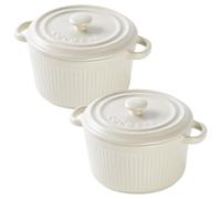 Lot de 2 mini-plats à gratin avec couvercle, 400 ml, petits plats ronds en céramique avec poignées, pour lasagnes, soufflés, légumes, crème brûlée, compatibles avec la friteuse à air chaud, le four et