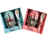Lot de 2 mini tasses Paris Tour Eiffel avec cuillère, motif monuments de Paris couleurs pastel
