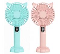 Lot de 2 mini ventilateurs portables rechargeables par USB avec 5 vitesses, affichage numérique LED mignon en forme de chat avec base pour la maison, le bureau, la chambre à coucher, les voyages (rose