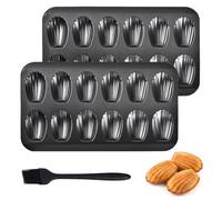 Lot de 2 moules à madeleines en acier au carbone - 12 cavités | Moule à madeleine antiadhésif avec pinceau en silicone pour la cuisson au four, chocolat, brownies, biscuits