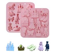 Lot de 2 moules en silicone rose sur le thème des princesses, châteaux et princesses de contes de fées. Moules 3D en silicone pour bonbons, fondant, savons, bougies et autres c