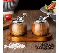 Lot de 2 moulins à poivre manuels en bois Premium - Moulins à manivelle pour sel de mer et poivre noir, avec base en bois