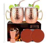 Lot de 2 mugs Moscow Mule en cuivre, 560 ml, avec 2 sets de dessous de verre en silicone, 2 gâteaux, un doseur et une brosse à gâteaux