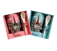 Lot de 2 mugs Paris Tour eiffel assortis - cuillere intégrée - hauteur 10CM- couleurs rose et bleu vert