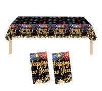 Lot de 2 nappes de fête décoration Nouvel An 2026, nappe Happy New Year jetable noire et dorée pour décoration de table, nappes de décoration Saint-Sylvestre Tischfeuerwerk, nappe joyeuse du Nouvel An