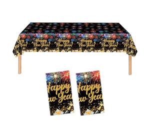 Lot de 2 nappes de fête décoration Nouvel An 2026, nappe Happy New Year jetable noire et dorée pour décoration de table, nappes de décoration Saint-Sylvestre Tischfeuerwerk, nappe joyeuse du Nouvel An