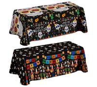 Lot de 2 nappes Jour des morts - 137 x 183 cm de diamètre - Nappe jetable mexicaine mexicaine en plastique pour le jour des morts, Halloween mexicaine fête fournitures de fête mexicaine