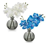 Lot de 2 orchidées artificielles blanches et bleues avec vase en verre noir - Décoration de plantes artificielles - Orchidées artificielles dans un vase avec fleurs au toucher réel - Bonsaï artificiel