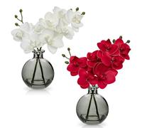 Lot de 2 orchidées artificielles blanches rouges avec vase en verre noir Décoration Orchidées artificielles dans un vase avec fleurs au toucher réel Bonsaï artificiel pour hôtel, salon, bureau