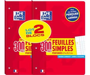 Lot de 2 pack de feuilles simples détachables Oxford A4 300p Seyès