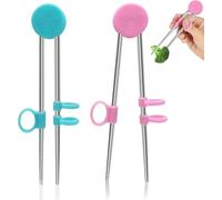 Lot de 2 paires de baguettes d'entraînement réutilisables en acier inoxydable pour adultes (bleu + rose)