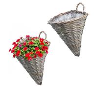 Lot de 2 paniers à fleurs muraux coniques en rotin - 32 x 25 cm - Naturel - Avec film - Panier à plantes tressé à suspendre - Pour l'intérieur et l'extérieur - Décoration pour jardin, terrasse, balcon