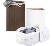 Lot de 2 paniers à linge d'angle, système de tri du linge en bambou, sac à linge amovible, capacité de 64 L chacun, marron/blanc