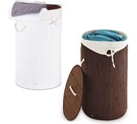 Lot de 2 paniers à linge ronds, système de tri du linge en bambou, paniers à linge avec sac amovible, 80 L chacun, marron et blanc