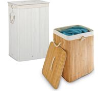 Lot de 2 paniers à linge, système de tri du linge en bambou, paniers à linge avec sac amovible, 83 L chacun, couleur naturelle et blanche