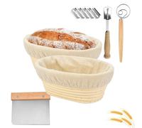 Lot de 2 Paniers à Pain de Ovales,Banneton en 100% Rotin Naturel,25x15x8cm | Brotform Corbeille Fermentation Imperméabilité,avec Linen Fabric Doublure/Racleur,pour 750g Pâte,Pizza,Pâtisserie au Levain