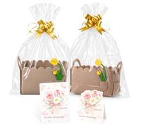 Lot de 2 paniers cadeaux vides avec ruban, film cadeau transparent, cartes | 25 x 18 x 15 cm - Panier de rangement vide avec anse - Pour Noël, anniversaire, mariage