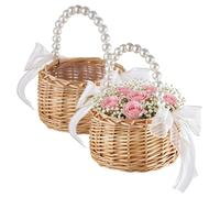 Lot de 2 paniers de fleurs, en rotin, avec poignées ornées de perles, dimensions : 14,9 x 16,89 cm