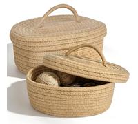 Lot de 2 paniers de rangement avec couvercle - 23 x 15 x 10 cm - En corde de coton tressée - Avec poignée - Pour étagères, salon et salle de bain (marron)
