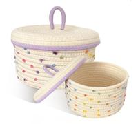 Lot de 2 Paniers Rangement avec Couvercle en Coton Tressé 17 et 22 cm Corbeille Décorative pour Organisation Maison Cuisine Boîte de Rangement Multifonction