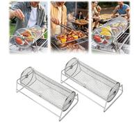 Lot de 2 paniers rotatifs pour barbecue en maille d'acier inoxydable, design rotatif durable, structure de chauffage uniforme, qualité adaptée à l'extérieur (argenté)