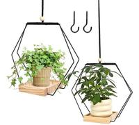 Lot de 2 paniers suspendus d'intérieur Rzspher, jardinière suspendue avec pied en bois, pot suspendu noir, crochet de suspension inclus, pour plantes d'intérieur et d'extérieur, terrasses, balcons, pl