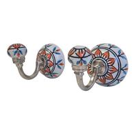 Lot de 2 Patère Murale Ronde en Céramique Peinte à la Main - Crochet Mural Décoratif pour Salle de Bain, Entrée ou Chambre - Porte Manteau Design pour Serviettes, Vêtements et Sacs- Fleur Orange Bleue