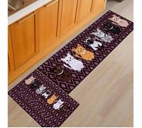 Lot de 2 Pcs Tapis de Cuisine Marron Devant Évier Tapis Antidérapant Chat Imprimé Décoration Maison