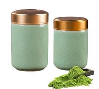 Lot de 2 petits récipients à thé matcha en céramique | Mini récipient de rangement portable pour matcha de 70 ml + 100 ml avec couvercle en alliage d'aluminium (vert, A)