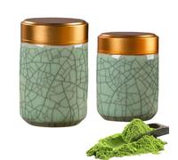 Lot de 2 petits récipients à thé matcha en céramique | Mini récipient de rangement portable pour matcha de 70 ml + 100 ml avec couvercle en alliage d'aluminium (vert, B)
