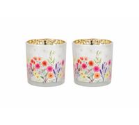 Lot de 2 photophores avec prairie fleurie 7 x 8 x 7 cm - Photophore en verre avec décoration florale de printemps - Photophore en verre pour table, rebord de fenêtre ou cadeau Logbuch-Verlag