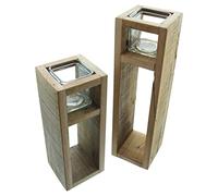 Lot de 2 photophores en bois et verre - 30 + 40 cm de haut - Bougeoir en bois recy ougeoir décoratif pour salon - Colonne en bois avec verre à bougie