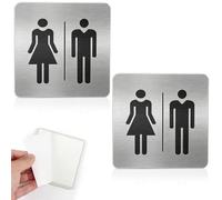 Lot de 2 Pictogramme Toilettes, Signalisation Porte, Autocollantes, Adhésif Aspect Aluminium Brossé, Plaque Toilettes WC Hommes Femmes Plaque Signalétique Aluminium Brossé, 9.5×9.5cm