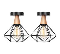 Lot de 2 Plafonnier Industriel E27 Plafonnier Vintage en Métal Cage et Bois Suspension Luminaire Industrielle Plafonnier Chambre Luminaires Intérieur Pour Salon Chambre(Noir)