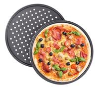 Lot de 2 plaques à pizza, rondes, perforées, antiadhésives, pizza & tarte flambée, acier carbone, plaque croustillante, ∅ 3
