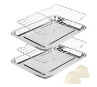 Lot de 2 plaques de cuisson avec grille de refroidissement, en acier inoxydable très résistant, 32 x 22 x 2 cm, avec grille de refroidissement/égouttoir, plateau de cuisson rectangulaire et support de