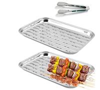 Lot de 2 plateaux de barbecue, en acier inoxydable, 34,5 x 24,2 x 2,7 cm, réutilisables, panier à légumes, pour légumes, poissons, viandes, pour barbecue à gaz, électrique et au charbon de bois (2)