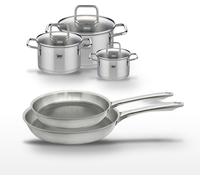 Lot de 2 poêles 24/28 cm Elo Relief Passion et 3 faitouts en inox Elo Citrin