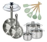 Lot de 2 Poêles 24/28cm et 3 Faitouts 16/20/24cm Fackelmann Etherna avec 5 ustensiles Inox