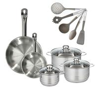 Lot de 2 Poêles en inox 20/28 cm Fackelmann Eterna avec 3 Faitouts 16/20/24 cm et 5 ustensiles