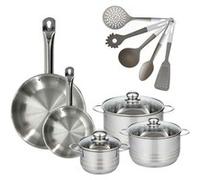 Lot de 2 Poêles en inox 20/28 cm Fackelmann Eterna avec 3 Faitouts 16/20/24 cm et 5 ustensiles