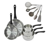 Lot de 2 Poêles Inox 24/28 cm et 3 Casseroles 12/16/20 cm Fackelmann Geneva avec 5 ustensiles