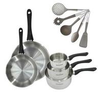 Lot de 2 Poêles Inox 24/28 cm et 3 Casseroles 12/16/20 cm Fackelmann Geneva avec 5 ustensiles