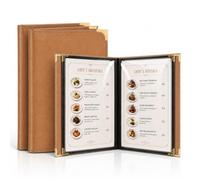 Lot de 2 Porte-Menus A4 en Simili Cuir Caramel - 2 Pages 4 Vues - Protège-Menu Élégant avec Coins Dorés - Livre de Menus Professionnel pour Restaurants, Cafés, Hôtels