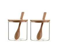 Lot de 2 pots à épices en verre transparent de 300 ml pour condiments de cuisine, saler, poivre, sucre, épices, herbes avec cuillère et couvercle en bois