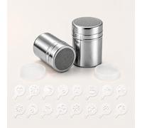 Lot de 2 pots à sucre en poudre en acier inoxydable avec couvercle, saupoudreur à cacao, sucre en poudre avec pochoirs pour cappuccino, 16 pièces, en acier inoxydable, pour cacao, sucre en poudre