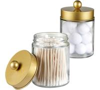 Lot de 2 pots d'apothicaire pour salle de bain - Boîte de rangement pour comptoir - Joli distributeur Qtip en verre avec couvercle - pour cotons-tiges, sels de bain, bandeau à cheveux (doré)