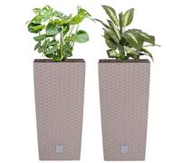 Lot de 2 pots de fleurs 49 L aspect rotin moka hauts H 61 cm avec bac intérieur 21 L carré Cache-pot en plastique