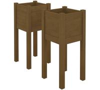 Lot de 2 pots de fleurs en bois - brun miel - 31 x 31 x 70 cm - chêne massif - jardinière haute - extérieur